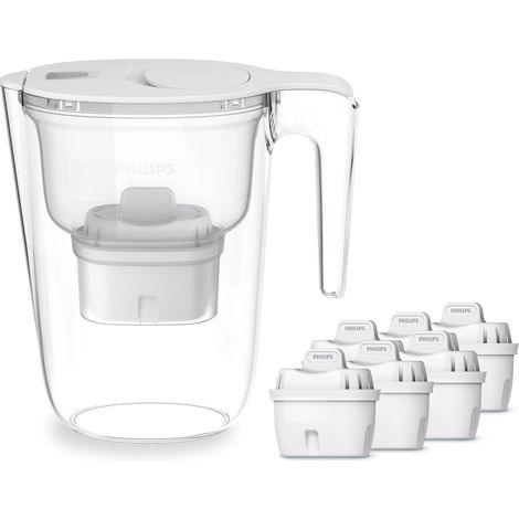 Philips Water Caraffa filtrante + 6 cartucce filtranti di ricambio, Filtrazione Avanzata, flusso rapido, timer elettronico, filtra CLORO, CALCARE, METALLI PESANTI e MICROPLASTICHE, BIANCO, 2.6 litri (1/5)