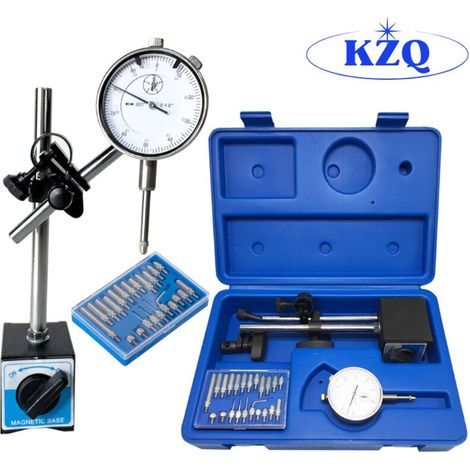 010mm dial indicator with 0.01mm graduations. Magnetic base for stable mounting. Professional precision. Carrying case included.