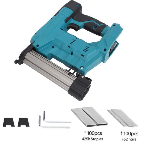 Machine à clouer sans fil Agrafeuse électrique 20 V avec 100 clous droits F32 mm et en forme de N alimentée par une batterie au lithium (non incluse) pour l'amélioration de l'habitat du travail du boi (1/5)