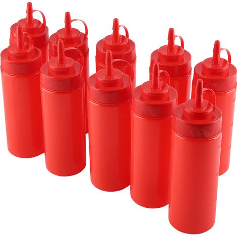 Distributeur de condiments en plastique rouge, 340 ml, lot de 10, pour sauces, huiles, crèmes et vinaigres. (1/5)