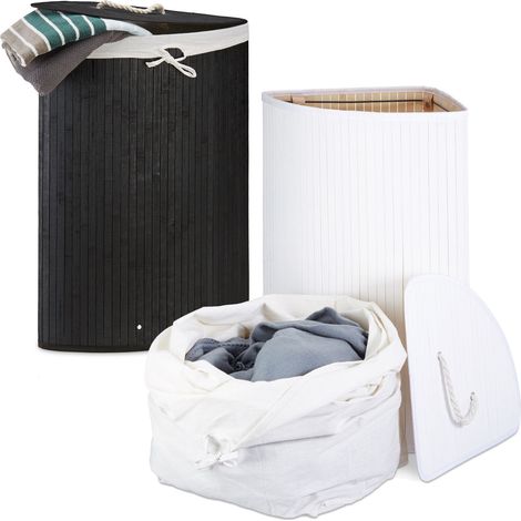 2 Cestos de Ropa Sucia Esquineros, Sistema Clasificador Ropa de Bambú, Sacos Tela Extraíbles 64 L cada uno, Negro/Blanco (1/5)
