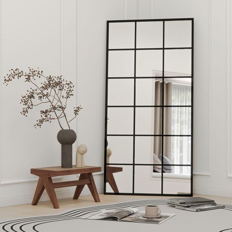 Miroir mural rectangulaire avec grille noire en métal, style industriel moderne pour la décoration intérieure (1/5)