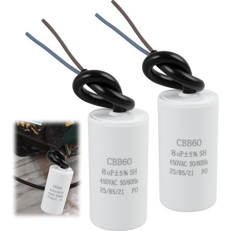 2 Pièces Condensateur Démarrage Moteur CBB60 450 V 8 µF 50/60 Hz avec Fils – Condensateur Suppression Électrique Cylindrique pour Pompe Compresseur Ventilateur Climatiseur et Appareils AC Monophasés (1/5)