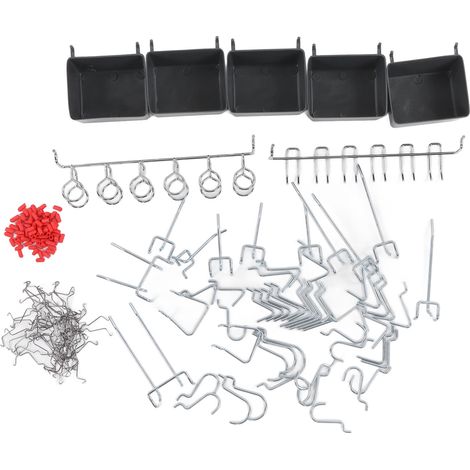 Lot de 114 crochets de panneau perforé, assortiment robuste d'accessoires de rangement avec bacs et verrous, kit d'organisation pour atelier (1/5)
