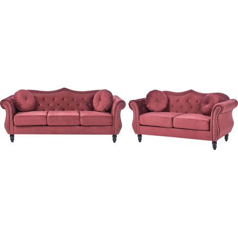 Ensemble 2 Canapés Type Chesterfield 3 Places en Velours Rouge avec Dossiers Capitonnés pour Salon au Style Vintage et Glamour Beliani