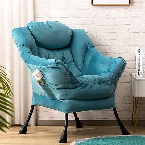 Ohrensessel Samt mit Stahlrahmen, Blau, Lesesessel mit Seitentasche (1/5)