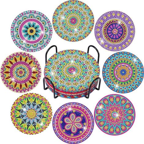 Dessous de Verre en Diamant Peinture avec Support, Lot de 8 Sous-tasses Décoratifs pour Boissons et Table (1/5)