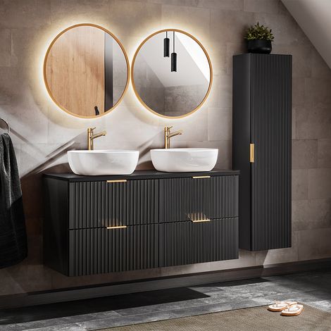 Ensemble meuble double vasque 120cm miroirs LED et colonne Adriel Noir (1/5)