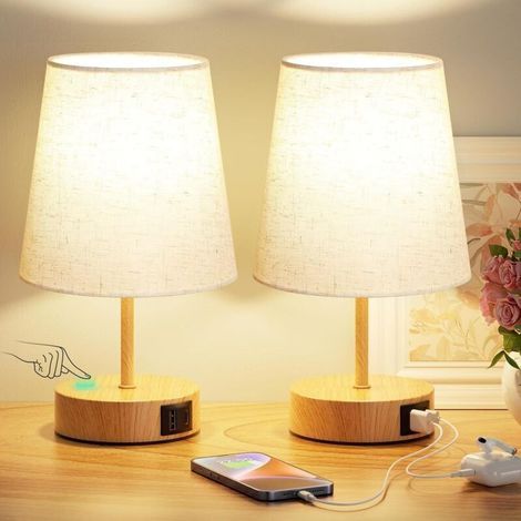 Lampe de Chevet Tactile Lot de 2 avec Ports de Charge USB-C+A, Intensité Variable à 3 Voies, Abat-jour en Lin, Petite Lampe de Table pour Chambre Salon D'enfant Bureau(Ampoules Incluse) (1/4)