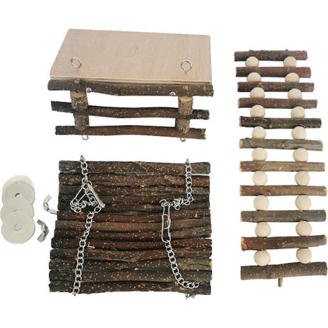 Hamster-Spielplattform aus Holz mit Leiter, Schaukel und Kauspielzeug für Ratten und Rennmäuse
