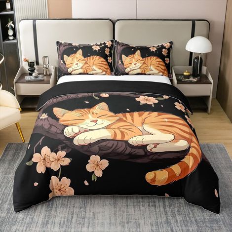 Parure de lit 100 % coton avec housse de couette de 135 x 200 cm et 1 taie d'oreiller - Pour enfants et adolescents - Motif chat mignon (1/5)