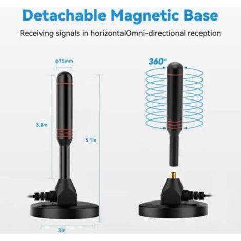 2025 Nouvelle Antenne TV Intérieur Puissante TNT, 500KM Longue Portée et Antenne TV Intérieure à 360 °, pour 1080P 4K Chaînes Télévision Gratuites - 5m de Câble Coaxial & avec Base magnétique (T808) (1/3)