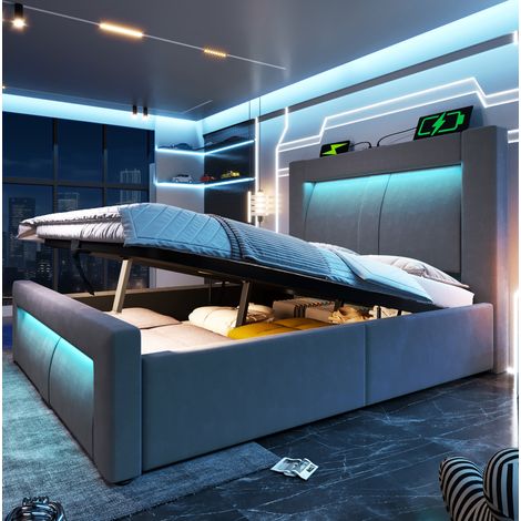 Lit 90x200 cm en velours gris, coffre relevable hydraulique, LED, USB et tête de lit courbe (1/5)