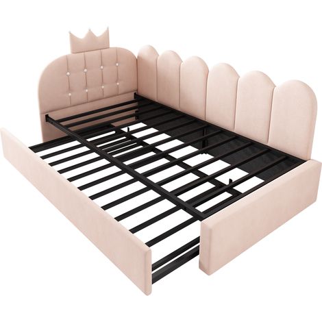 Letto divano con letto estraibile 90 x 200 cm in velluto rosa, design corona e griglia (1/5)