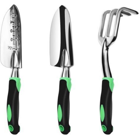 Ensemble d'outils de jardinage, lot de 3, kit de jardinage robuste en aluminium comprenant une truelle à main, une truelle de transplantation et un râteau à main cultivateur
