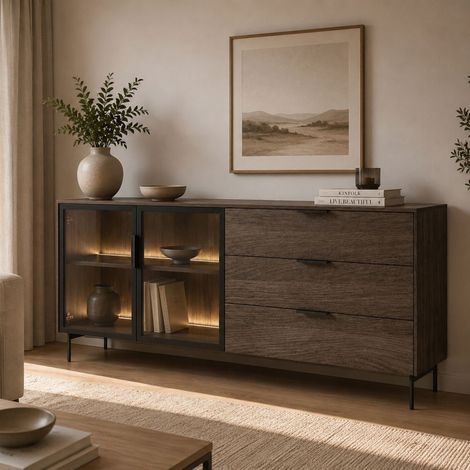 Credenza Hara, Madia 3 Cassetti, un Ripiano, Apertura Battente, Scorrevole, 181x39x83h cm Marrone Noce (1/5)