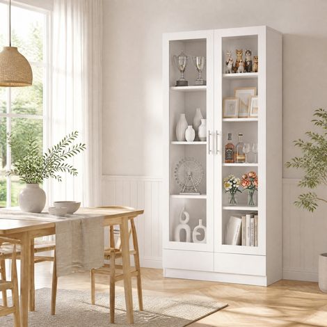 Armario alto de almacenaje con puertas de cristal templado y 2 cajones 80x40x160 cm blanco OKWISH (1/5)