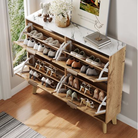 Schuhschrank aus MDF in Natur, 4 Klapptüren, Oberplatte in Marmoroptik, platzsparend 105 x 24 x 95,5 cm (1/5)