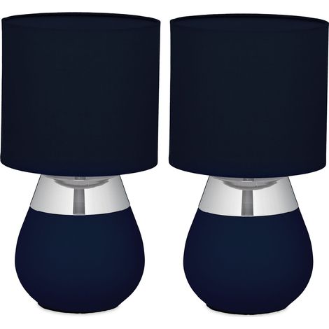 Relaxdays Tischlampe, 2er Set, Metallfuß, Stoffschirm, E14, H x D: 32 x 18 cm, Nachttischlampe mit Kabel, blau/silber