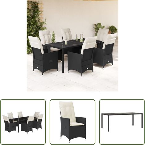 Gartentisch -  7-tlg. Garten-Essgruppe mit Kissen Schwarz Poly Rattan (1/5)
