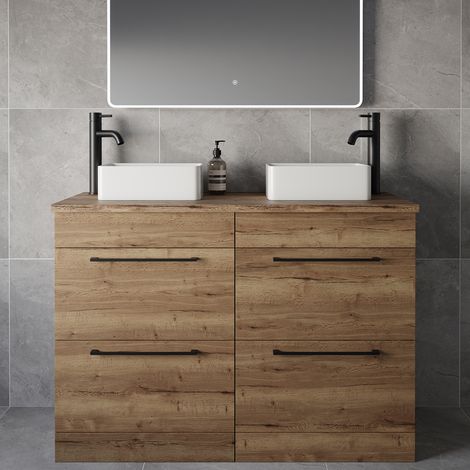 Napoli 460 Tobacco Oak 1200mm 4 Drawer Vanity Unit for Countertop Basins - 1200mm - Matt Black 320mm Handle