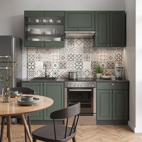 Mueble de cocina Fame-Line, Verde-Dorado Casa de campo/Antracita, 200 cm sin encimera, Vicco (1/5)