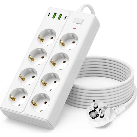 Multiprise avec interrupteur 8 prises, multiprise avec 4 ports de charge USB, câble rallonge de 2 m avec montage mural, protection contre les surtensions, 3680 W, pour bureau, blanc (1/5)