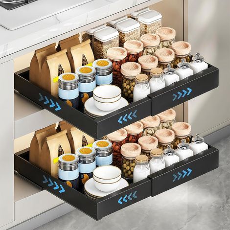 2 Pack Tiroir Coulissant Télescopique Cuisine, Tiroir Coulissant Organisateur pour Armoire, Organisateurs de placard extensibles Sous Armoire, Largeur Réglable 32-53cm (Noir) (1/5)