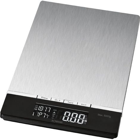Balance de cuisine numérique inox extra plate – Écran LCD multifonction – Plage de mesure jusqu'à 5 kg par pas de 1 g – Fonction de tare – Bomann