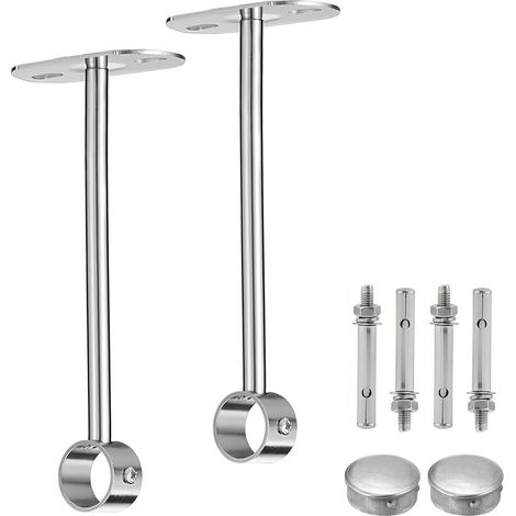 JSSEVN - Set of 2 ceiling mounting brackets for 25 mm diameter curtain rods – Pipe support for wardrobes, cupboards and cabinets – 300 mm high (1/5)