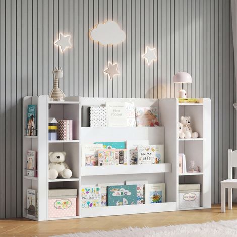 Étagère pour enfants 140x30x95 cm blanc rangement livres illustrés armoire bibliothèque en bois