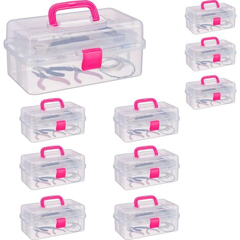 Set 10 Pezzi Scatole Trasparenti Plastica, 9 Scomparti Per Oggetti Piccoli, Maniglia Per Trasporto, Chiusura A Scatto, HBT 14x33x19 cm, Rosa (1/5)