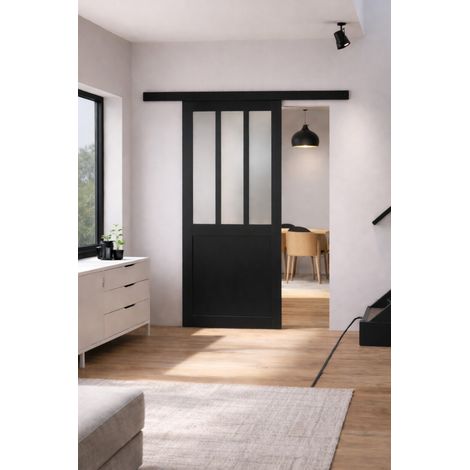 Porta scorrevole da officina nera vetro satinato H204 x L83 + binario in alluminio Striscia nera