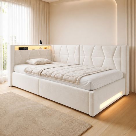 Cama con almacenaje 90x200 cm con LED, USB y Type-C, beige DESVIAE (1/5)