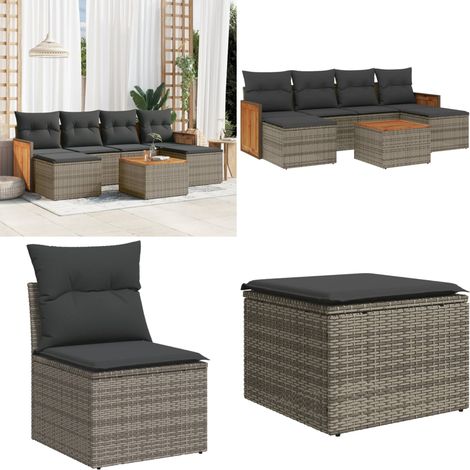 7-tlg. Garten-Sofagarnitur mit Kissen Grau Poly Rattan - Gartenmöbel Set - Rattan Möbel - Outdoor Lounge - Esstisch - Sofasitzgruppe - Home & Living (1/5)