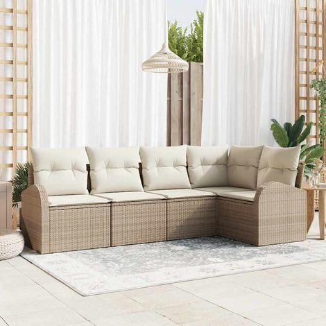 Gartensofa-set mit Kissen 5 pcs Beige und Weiß Poly-Rattan