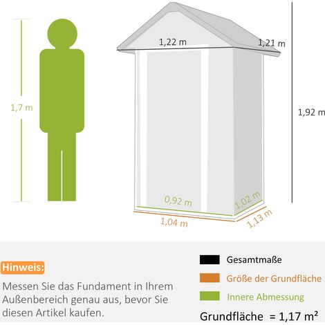 Metall Gerätehaus 1,17 m², Geräteschuppen mit Satteldach Lüftung Schloss Handschuhen, 122 x 121 x 192 cm (1/5)