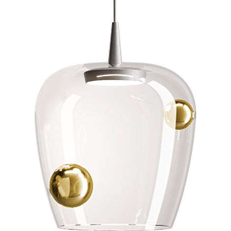 Zafferano Lampada a sospensione Bilia LED 8W 3000K 678lm Vetro borosilicato soffiato a bocca, finitura Alluminio e Oro antico, diametro 27cm, IP40