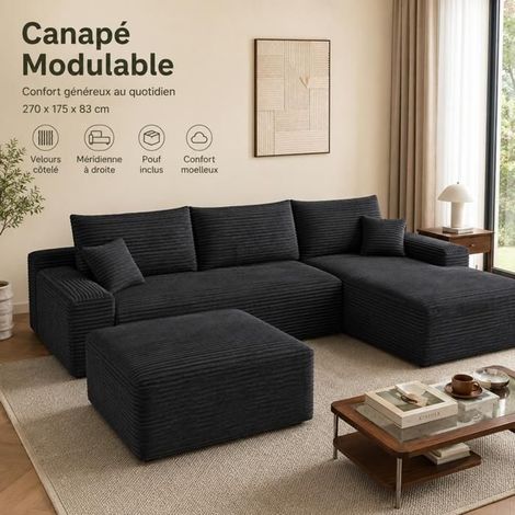 Canapé Modulable 270x175cm Sans Montage - Canapé d'angle - 4 Places, Velours Côtelé Noir, Assise Profonde, Mousse Haute Résilience (1/5)