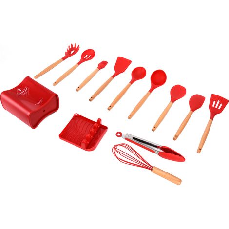 Ensemble de 13 ustensiles de cuisine en silicone avec manche en bois, spatule antiadhésive et pelle - Accessoires de cuisine rouges