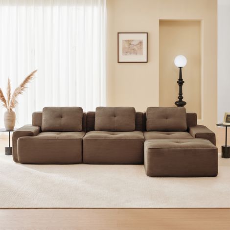 Modulares 3-Sitzer-Ecksofa aus Cord mit 1 Hocker, rahmenlos, 32D-Gummizug, extra tiefe Sitzflächen, 293 x 177 x 69 cm, braun