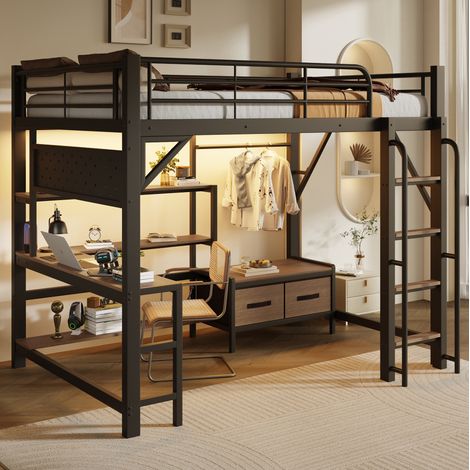 Hochbett 140 x 200 cm mit Schreibtisch, Stauraum, LED und USB, Schwarz HAVRYA (1/5)