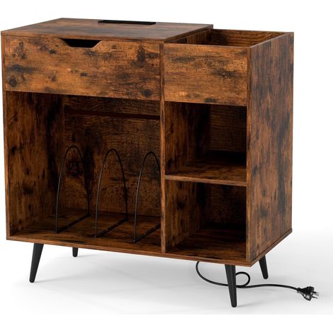 GOPLUS Support pour Tourne-disques avec Rallonge Électrique,Tiroir,3 Diviseurs,Kit Anti-basculement et Pieds Métalliques,80x40x79CM (1/5)