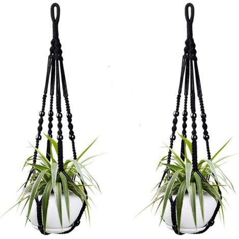 Deux paniers suspendus en corde de coton noir pour plantes d'intérieur, de 98 cm chacun, ornés de perles en bois. Crochets non inclus. (1/4)