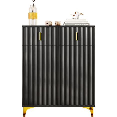 Elegantes Schuhmöbel/Buffet, 2 Schubladen, 2 Türen, mit verstellbarem Regal, Drucköffnung, ideal für Eingang, Schlafzimmer, Wohnzimmer, 83 × 101 × 35 cm, Schwarz (1/5)