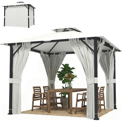 Tonnelle de jardin 3x3m toit double rideaux cadre métal crème