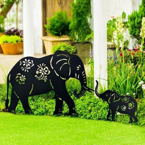 Lot de 2 piquets de Éléphant Jardin décoratifs en métal pour Cour Jardin pelouse décorations extérieures pour Les noir STATUE (1/5)