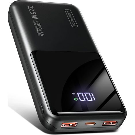 Power Bank 20 000 mAh 22,5 W Petite fonction de charge rapide Powerbank 1 USB-C 2 USB-A Mini batterie externe pour téléphone portable Écran LCD pour iPhone 17 16 15 14 13 Smartphones Voyage Camping