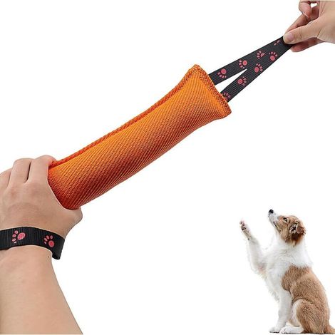 Jouet à mâcher incassable pour chien, en forme de saucisse de 30 cm, ultra-résistant, de couleur orange, avec poignée. Idéal pour l'entraînement, les jeux de tir à la corde et le divertissement de vot (1/5)