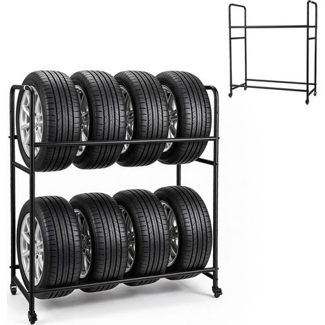 TolleTour Supporto per pneumatici su 4 ruote con copertura, per max 8 pneumatici, portata 180 kg, altezza regolabile su 3 livelli, fino a 240 mm (1/5)